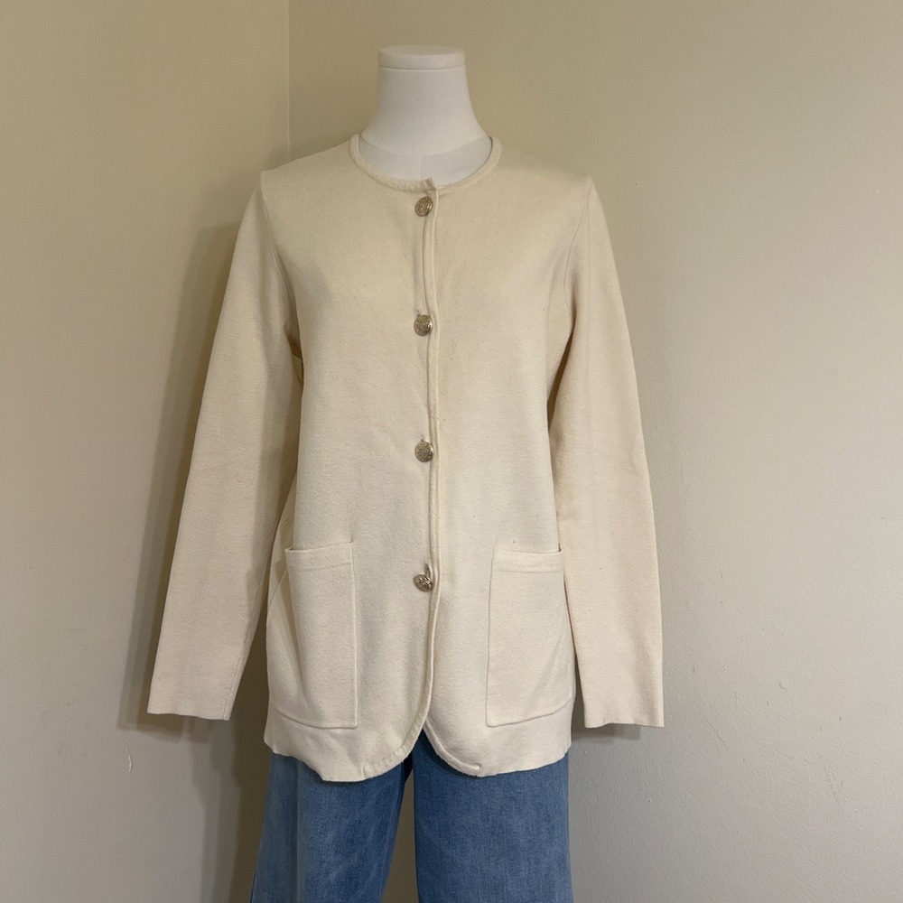 Marled Cream Knit Cardigan Blazer Gold Crest Button Sweater Jacket Ivory Medium